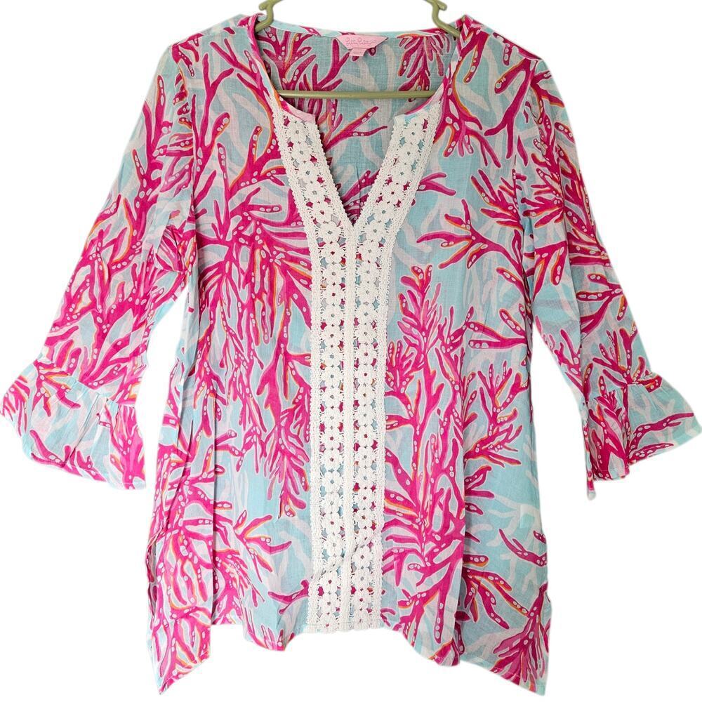 Women's Lilly Pulitzer Underwater Escape Luci Pink Blue Tunic Top Embroidery M